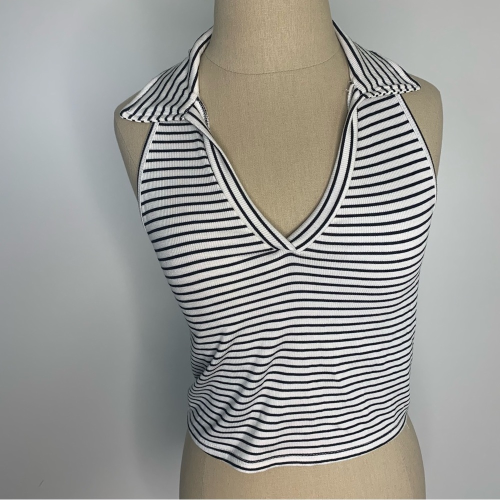 Gaze ribbed striped halter polo top M